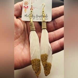 Handmade White Feather Earrings with Gold Sparkle Accents